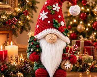 Christmas Gnome Crochet Pattern PDF, Santa Gnome with Tree and Gift Sack, Candy Cane Amigurumi Pattern, Christmas Holiday Decor