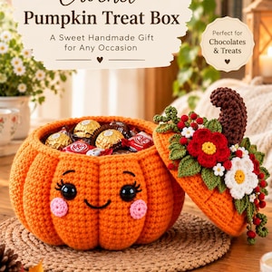 May include: A round orange crochet pumpkin treat box with a smiling face, pink cheeks, and black eyes. The lid is decorated with red and white crocheted flowers, green leaves, and a brown stem. The box is filled with various wrapped chocolates.