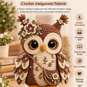 Puede incluir: Un búho amigurumi de ganchillo marrón con grandes ojos negros, pico amarillo y orejas con mechones. Lleva una corona floral, alas de plumas en capas y un bolso cruzado con cuentas. Texto: Woodland Bloom Owl Crochet Amigurumi Pattern.