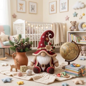 May include: A handcrafted crochet gnome doll featuring a tall, pointed red hat adorned with white snowflake embroidery, a floral accent, and berries. The gnome has a long white beard, a round nose, and wears a matching red and brown outfit.