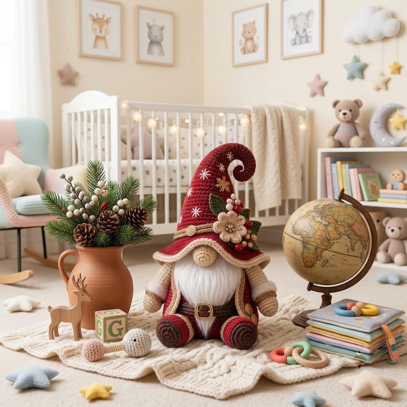 May include: A handcrafted crochet gnome doll featuring a tall, pointed red hat adorned with white snowflake embroidery, a floral accent, and berries. The gnome has a long white beard, a round nose, and wears a matching red and brown outfit.