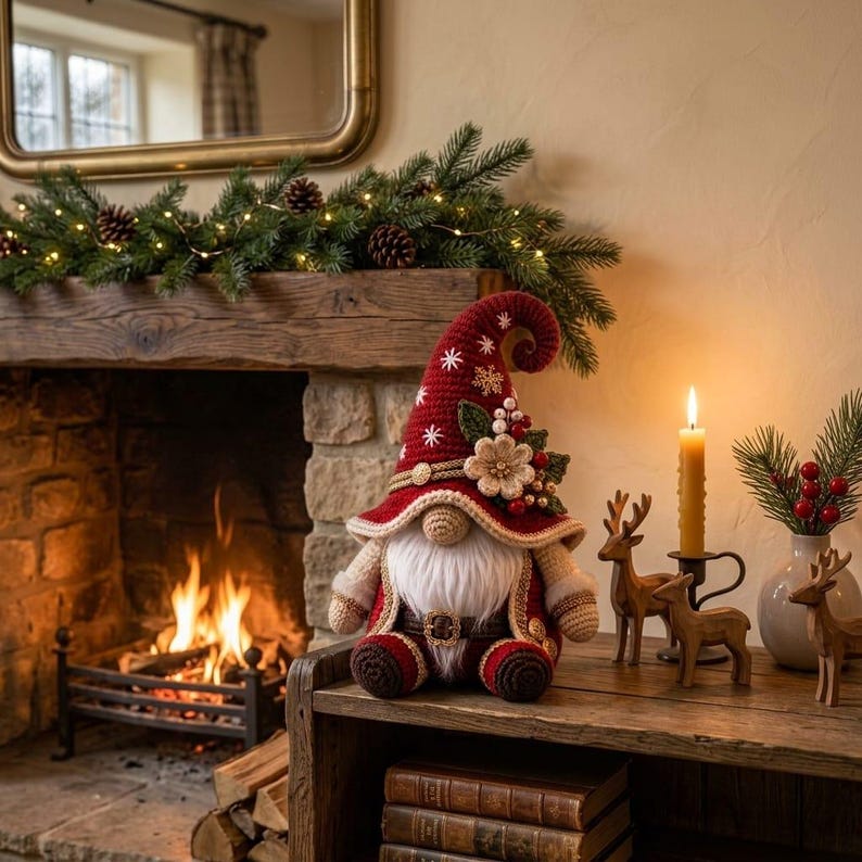 May include: A crocheted gnome figurine featuring a tall, pointed red hat adorned with white snowflake embroidery, a large beige flower, and red berries. The gnome has a long white beard, a round nose, and wears a red and beige outfit with a belt.