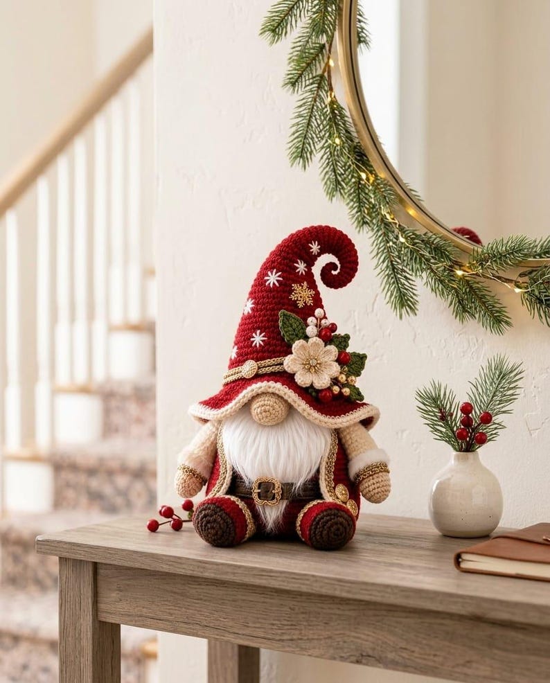May include: A handcrafted crochet gnome figurine featuring a tall, pointed dark red hat adorned with white snowflake embroidery, a gold snowflake accent, a cream-colored flower, green leaves, and red berries. The gnome has a white beard and a belt.