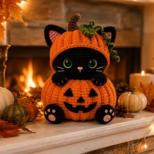 May include: A crocheted black cat plush toy wearing an orange pumpkin hat with a green stem and vine, sitting inside a larger orange crocheted pumpkin with a black jack-o'-lantern face, featuring large dark eyes and pink paw pads.