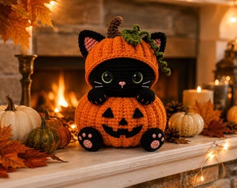 May include: A black crochet cat plush toy wearing an orange pumpkin hat with a green vine, sitting inside a larger orange crochet pumpkin with a black jack-o'-lantern face. The cat has large green eyes, white whiskers, and pink paw pads.