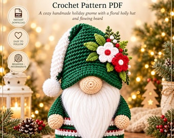 Holly Berry Christmas Gnome Crochet Pattern PDF, Beginner Amigurumi Tutorial (Instant Download)