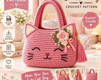 Crochet Cat Face Handbag Pattern, Puff Stitch Bag with Ears, Flower Tassel Charm (PDF)