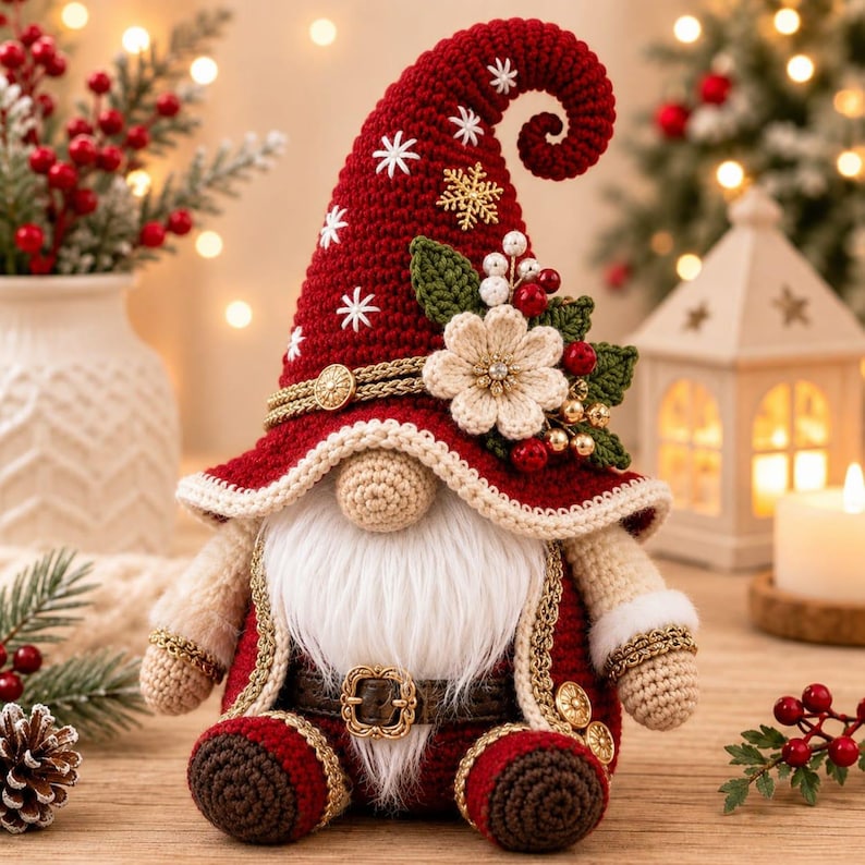 May include: A crocheted gnome figurine wearing a tall, curled red hat decorated with white snowflake embroidery, a gold snowflake charm, and a cluster of fabric flowers, green leaves, and red berries. It has a white beard and a brown belt.