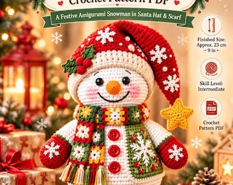 Amigurumi Snowman Crochet Pattern PDF, Santa Hat & Scarf, Christmas Toy (23cm)