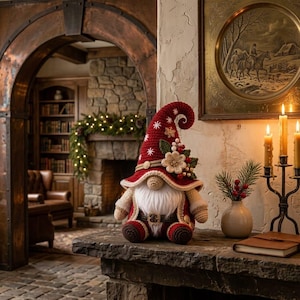 May include: A handcrafted crochet gnome figurine featuring a tall, pointed red hat adorned with white snowflake embroidery, a beige flower, and red berries. The gnome has a long white beard, a beige nose, and wears a red coat with a brown belt.