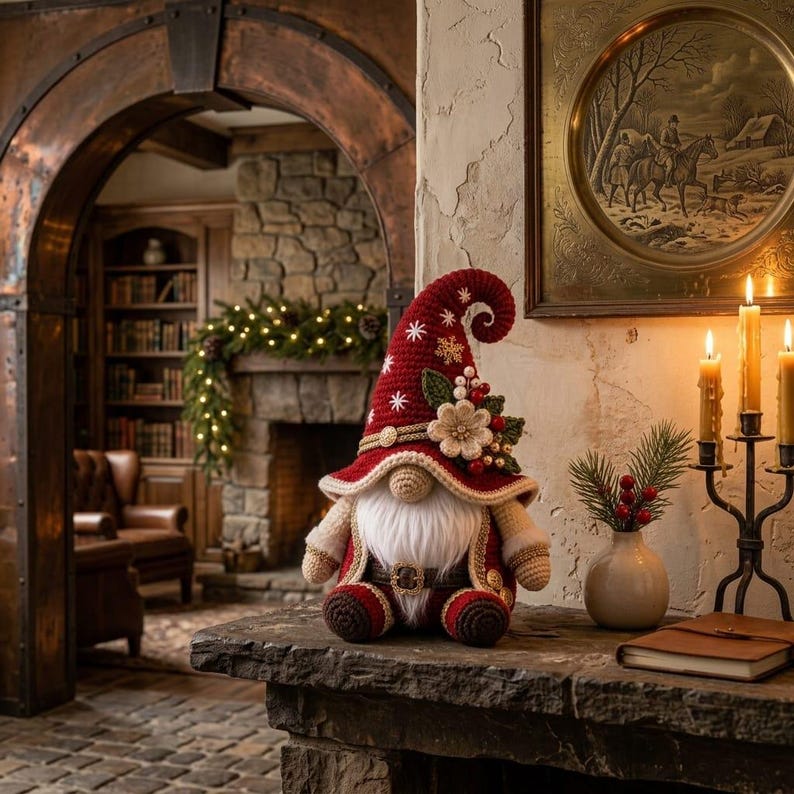 May include: A handcrafted crochet gnome figurine featuring a tall, pointed red hat adorned with white snowflake embroidery, a beige flower, and red berries. The gnome has a long white beard, a beige nose, and wears a red coat with a brown belt.