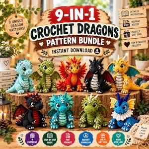 May include: A digital pattern bundle for 9 crochet dragons, featuring text that reads 9-IN-1 CROCHET DRAGONS PATTERN BUNDLE. The image displays nine colorful, small, handmade-style crocheted dragon figures in various poses and colors, including blue, green, red, black, and yellow, arranged on a wooden surface.