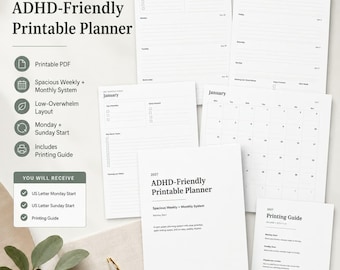 2027 ADHD-Friendly Printable Planner, Spacious Weekly + Monthly System (PDF)