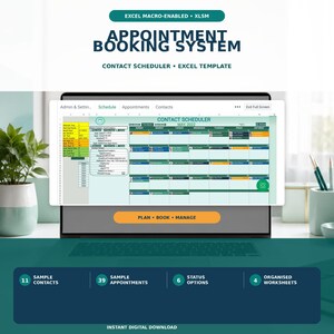 Appointment Scheduler Excel Template, Client Booking Tracker, Monthly Calendar Planner, Contact Database, Small Business Booking System