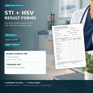 May include: A digital document pack titled STI + HSV RESULT FORMS, featuring a blank clinical PDF with 3 fillable A4 pages and a training PDF with 4 fictional A4 result examples, totaling 7 pages for documenting results and history.