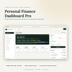 May include: A digital personal finance dashboard interface titled Personal Finance Dashboard Pro. The screen displays financial metrics including income, expenses, net savings, and a safe-to-spend balance for August 2026, with a sidebar for navigation.