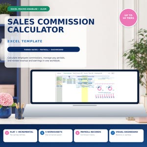 Könnte beinhalten: Eine Excel-Vorlage zur Berechnung von Verkaufsprovisionen mit Dashboard, gestaffelten Sätzen und Lohnabrechnung. Die Benutzeroberfläche zeigt eine Tabelle mit Diagrammen, Grafiken und Datentabellen zur Nachverfolgung von Umsätzen.