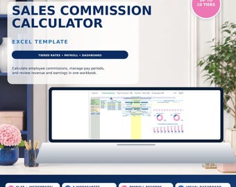 Sales Commission Calculator Excel Template, Tiered Rates, Payroll Tracker (XLSM)