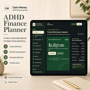 May include: A digital ADHD finance planner displayed on a tablet screen with a dark green interface. The dashboard shows financial data including a safe to spend amount of $1,837.00, income and expense buttons, and a sidebar with navigation labels.