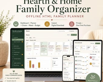 Family Planner | Digital Home Management Organizer with Budget, Meals & Chores | Offline HTML App