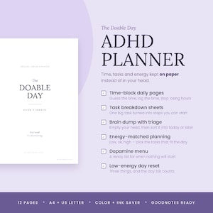 Puede incluir: Un planificador digital para TDAH titulado The Doable Day, con una portada blanca y texto en negro. El diseño incluye secciones para bloqueo de tiempo, desglose de tareas, vaciado mental, planificación según energía, menú de dopamina y reinicio.