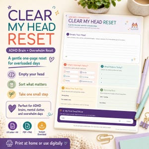 May include: A printable planner page titled Clear My Head Reset with sections for emptying thoughts, sorting priorities, and identifying small tasks. The document features a purple, green, and orange colour scheme with icons and text prompts for managing daily overwhelm and mental clutter.