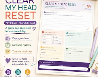 ADHD Brain Dump Reset Printable | Mental Clutter Worksheet (Digital Download)