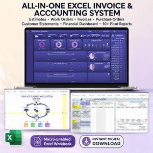 May include: An all-in-one Excel invoice and accounting system displayed on a laptop and two tablet screens. The interface features a sales and profit dashboard, a mini accounting application main menu, and an invoice manager with customer statements.