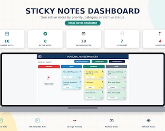 Personal Notes Manager Excel Template | Sticky Notes Organizer (Digital Download)