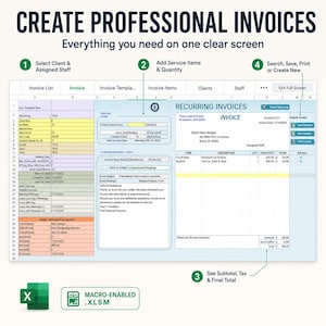 May include: A digital spreadsheet interface for creating professional invoices, featuring sections for client selection, service items, and totals. The layout includes tabs for invoice lists, templates, and staff, with a macro-enabled .xlsm file icon.