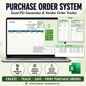 May include: A laptop screen displaying a Purchase Order System Excel template with fields for vendor details, item descriptions, and tax calculations. Includes an admin panel, invoice list, and buttons for creating, printing, and saving as PDF.