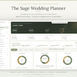 May include: The Sage Wedding Planner is a browser-based digital dashboard featuring a sidebar navigation menu, budget tracking, guest list management, and progress bars. The interface displays financial summaries, RSVP status, and a countdown timer.