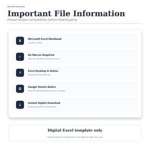 May include: A digital file information graphic with the heading Important File Information. It lists compatibility details including Microsoft Excel Workbook, No Macros Required, Excel Desktop & Online, Google Sheets Notice, and Instant Digital Download.