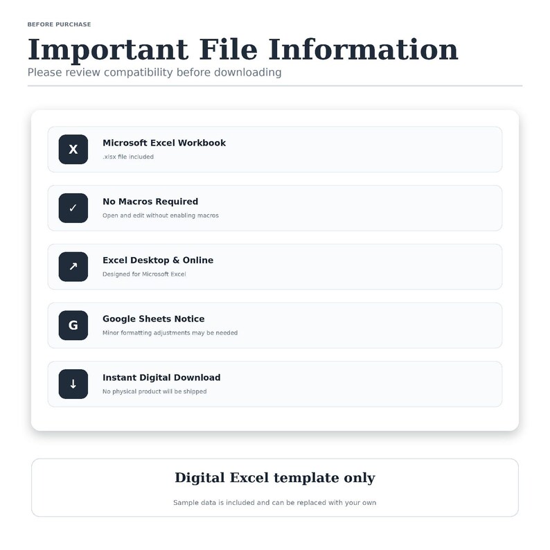 May include: A digital file information graphic with the heading Important File Information. It lists compatibility details including Microsoft Excel Workbook, No Macros Required, Excel Desktop & Online, Google Sheets Notice, and Instant Digital Download.