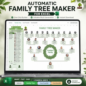 Könnte beinhalten: Ein Laptop-Bildschirm mit der Benutzeroberfläche eines automatischen Familienstammbaum-Erstellers für Excel. Die Tabelle zeigt ein hierarchisches Stammbaumdiagramm mit runden Porträts, Namen, Daten und einer grünen Kranzgrafik.