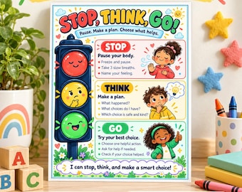 Stop Think Go Kids Poster | Self Regulation Printable | ADHD Autism Calm Corner