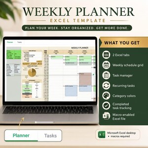 Weekly Planner Excel Template | Task Manager Spreadsheet | Time Blocking Schedule | Recurring Tasks | Digital Download