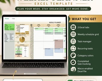 Weekly Planner Excel Template | Task Manager Spreadsheet | Time Blocking Schedule | Recurring Tasks | Digital Download