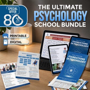 Può includere: L'Ultimate Psychology School Bundle include materiali di studio digitali e stampabili. Un tablet mostra un quadro di terapia analitica, mentre i fogli stampati presentano strutture organizzative e teorie sulla vita con testo blu e bianco.