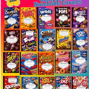 Puede incluir: Una colección de veinte portadas de cuadernos de composición con varios logotipos de marcas de alimentos y dulces, incluyendo Doritos, Nerds, Tootsie Roll, Taco Bell, Dr. Pepper, Trolli, Cookie Crisp, Yoohoo, Pop-Tarts, Takis, Swedish Fish, Reese's Pieces, Dunkin' Donuts, Dippin' Dots, Skittles, Chips Ahoy, Lucky Charms, Dairy Queen y Chick-fil-A.