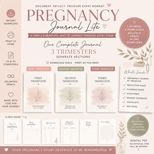 Puede incluir: Un diario de embarazo digital con secciones para tres trimestres, con detalles en acuarela rosa y verde, dibujos botánicos de líneas y texto que incluye "Pregnancy Journal Lite", "First Trimester", "Second Trimester" y "Third Trimester".