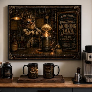 May include: A rectangular wall art print featuring a bearded creature in goggles standing next to a mug with a steaming explosion, with text reading "TODAY'S SPECIAL FIZZELTHORP'S MORNING JAVA IT'S GOT A MIGHTY KICK! 5 COPPER FREE REFILLS".