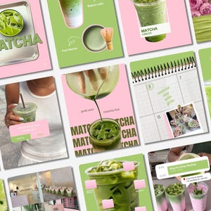 Puede incluir: Una colección de gráficos para redes sociales con bebidas de té verde matcha, batidores de bambú y calendarios con esquemas de color rosa y verde. Las imágenes muestran lattes de matcha helados, superposiciones de texto como Matcha y escenas.