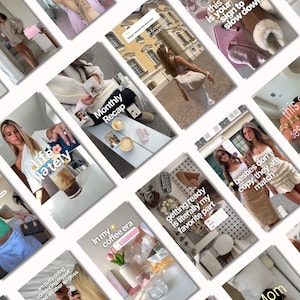 May include: A collage of social media story posts featuring various lifestyle scenes, including a person in a green t-shirt, coffee drinks, interior decor, fashion outfits, and text overlays such as life lately, monthly recap, and coffee era.
