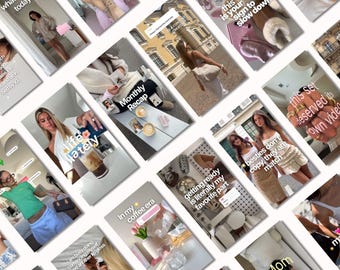 May include: A collage of social media story posts featuring various lifestyle scenes, including a person in a green t-shirt, coffee drinks, interior decor, fashion outfits, and text overlays such as life lately, monthly recap, and coffee era.