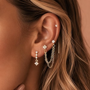 Set de Boucles d'Oreilles Chaîne Plaquées Or 14K, Ear Stack Délicat 3 Pièces
