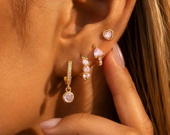 18K Gold Plated Pink Zirconia Earring Set, Heart Studs and Huggie Hoops 4 Piece
