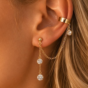 Ear Cuff Dorado con Cadena y Cristales, Pendiente Conectado Colgante