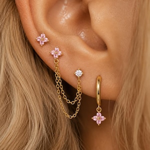 Set de Boucles d'Oreilles Fleur Rose en Zirconium Doré, 3 Pièces avec Chaîne Ear Stack