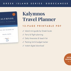 Può includere: Un pianificatore di viaggio in PDF stampabile di 13 pagine per Kalymnos, con una copertina blu scuro e bianca con un cerchio arancione. Il testo include Greek Island Series, Dodecanese, Kalymnos Travel Planner e sezioni di viaggio.